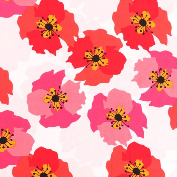 Tissu Viscose Coquelicots Rouges, roses et orange sur fond Blanc - Par 10 cm