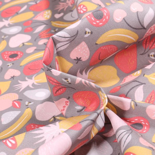 Tissu Coton enduit Fruits variés et colorés sur fond Gris - Par 10 cm