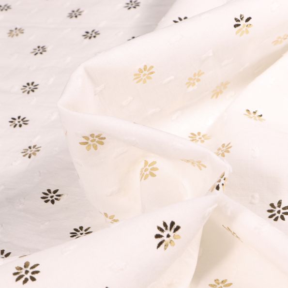 Tissu Plumetis Coton Pâquerettes métallisé doré sur fond Blanc - Par 10 cm