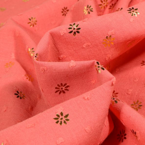 Tissu Plumetis Coton Pâquerettes métallisé doré sur fond Corail - Par 10 cm