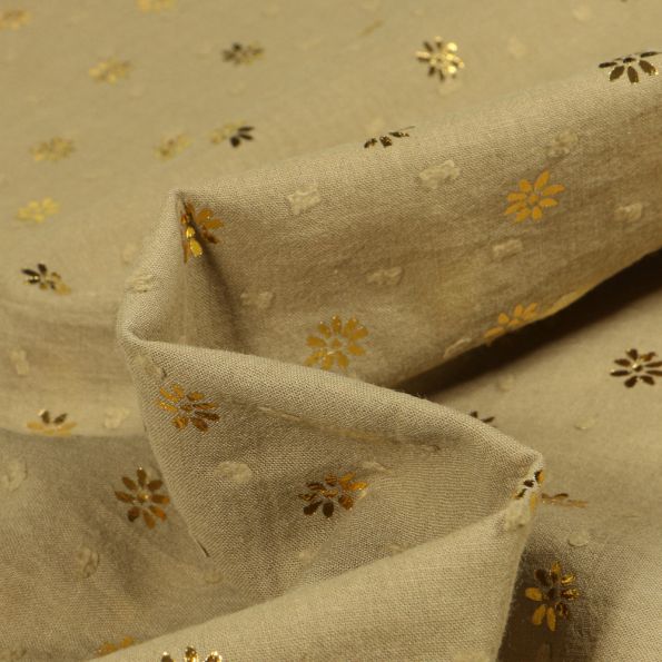 Tissu Plumetis Coton Pâquerettes métallisé doré sur fond Vert kaki - Par 10 cm