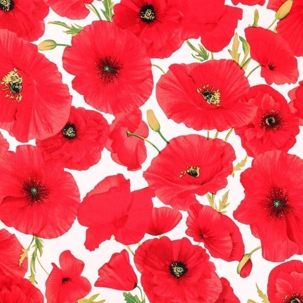 Tissu Coton Satiné Coquelicots rouges sur fond Ecru - Par 10 cm
