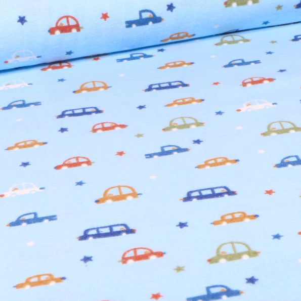 Tissu Flanelle Voitures multicolores sur fond Bleu - Par 10 cm