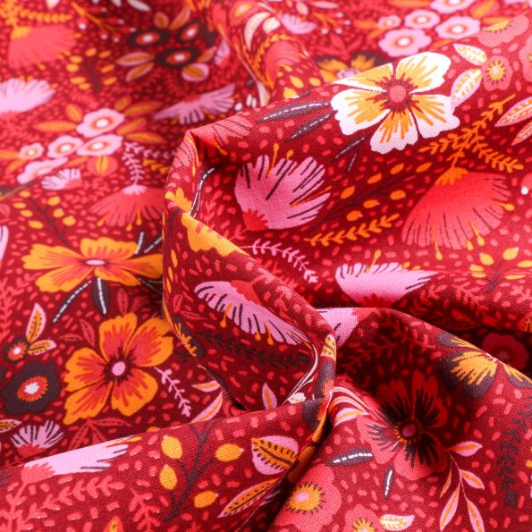 Tissu Coton imprimé Rizy sur fond Bordeaux - Par 10 cm