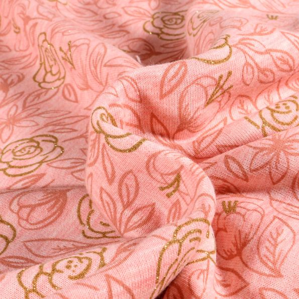 Tissu Jersey Coton envers molletonné Tulipes dorés sur fond Rose - Par 10 cm