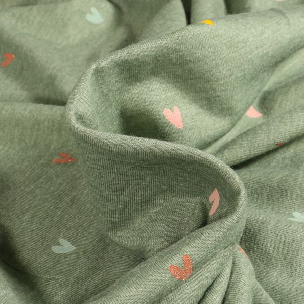Tissu Jersey Coton Mini coeur sur fond Vert amande - Par 10 cm