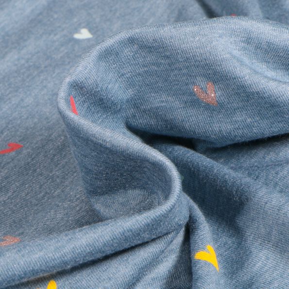 Tissu Jersey Coton Mini coeur sur fond Bleu chiné - Par 10 cm