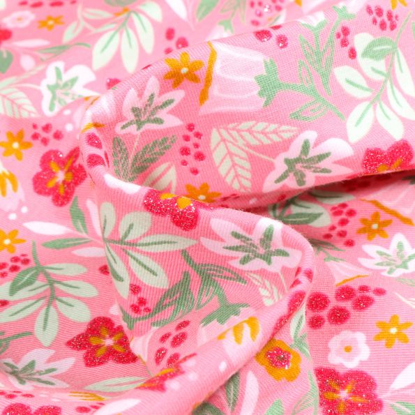 Tissu Jersey Coton pailleté Amaryllis sur fond Rose - Par 10 cm