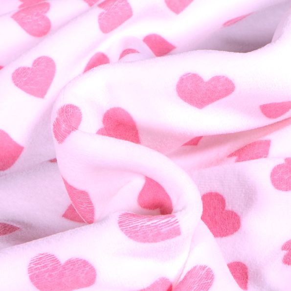 Tissu Velours tout doux Cœurs rose sur fond Blanc - Par 10 cm