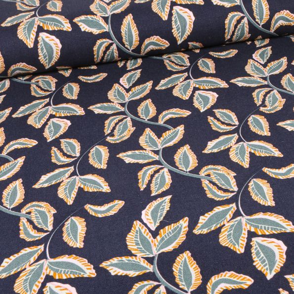 Tissu Lin Viscose Marcia sur fond Bleu marine - Par 10 cm