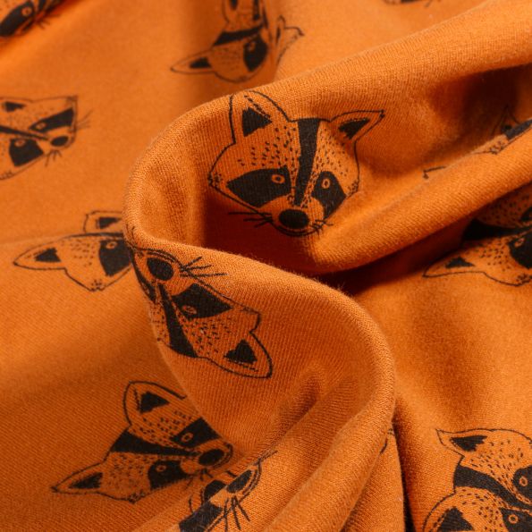 Tissu Jersey Coton Bio envers molleton Raton laveur sur fond Brique - Par 10 cm