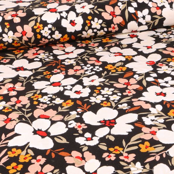 Tissu Viscose Twill extensible Valériane sur fond Noir - Par 10 cm