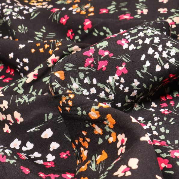 Tissu Viscose Dahlia sur fond Noir - Par 10 cm