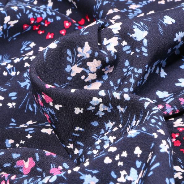 Tissu Viscose Dahlia sur fond Bleu marine - Par 10 cm