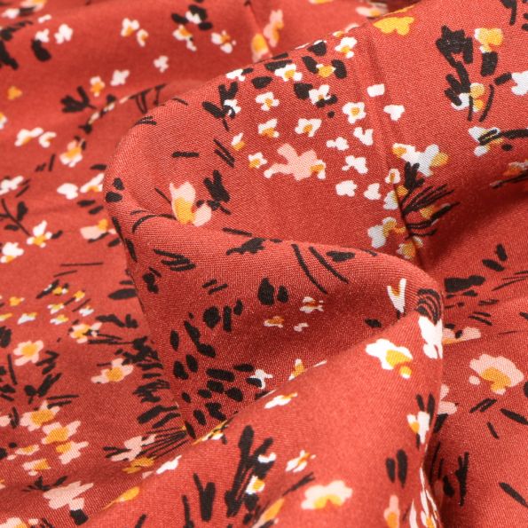 Tissu Viscose Dahlia sur fond Brique - Par 10 cm