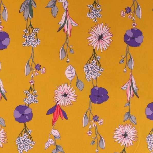 Tissu Satin Grandes fleurs et feuilles multicolore sur fond Moutarde - Par 10 cm