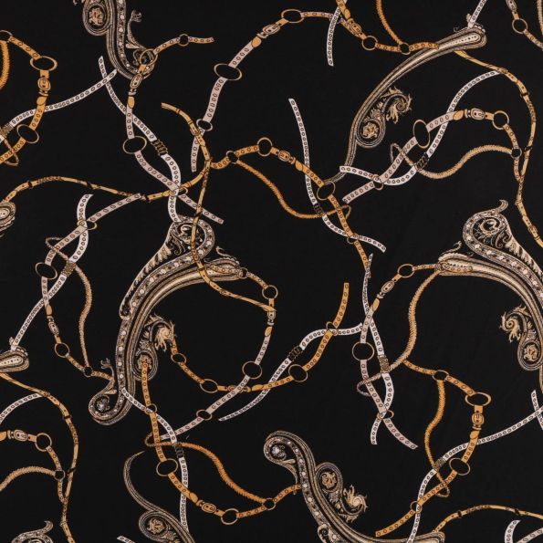 Tissu crêpe imprimé Motif foulard sur fond Noir - Par 10 cm