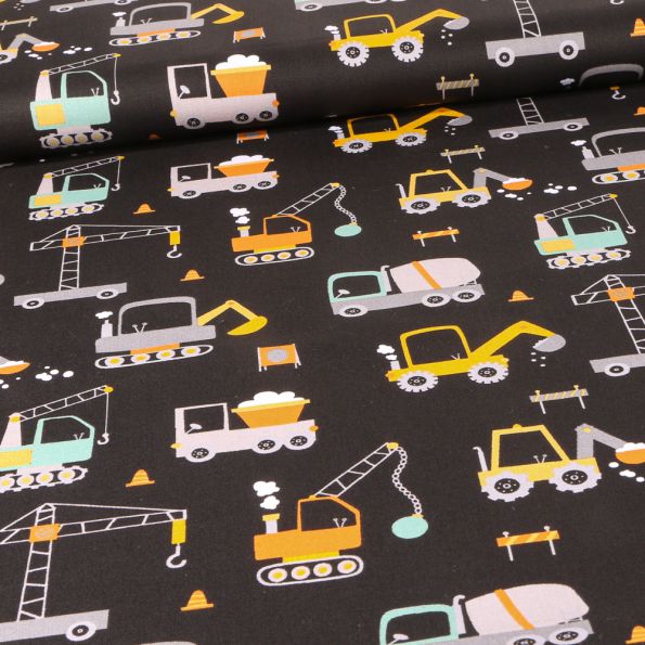 Tissu Coton imprimé Engins de chantier sur fond Noir - Par 10 cm
