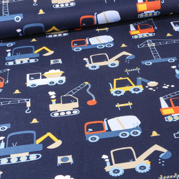 Tissu Coton imprimé Engins de chantier sur fond Bleu - Par 10 cm