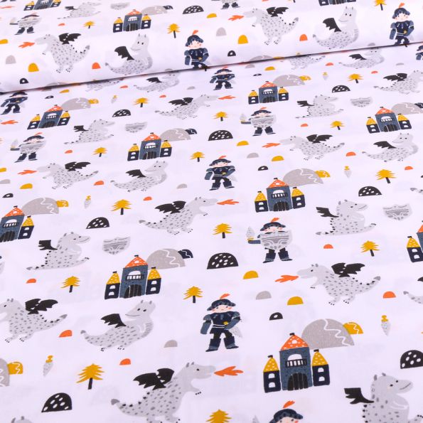 Tissu Coton imprimé Chevaliers et dragons sur fond Blanc - Par 10 cm