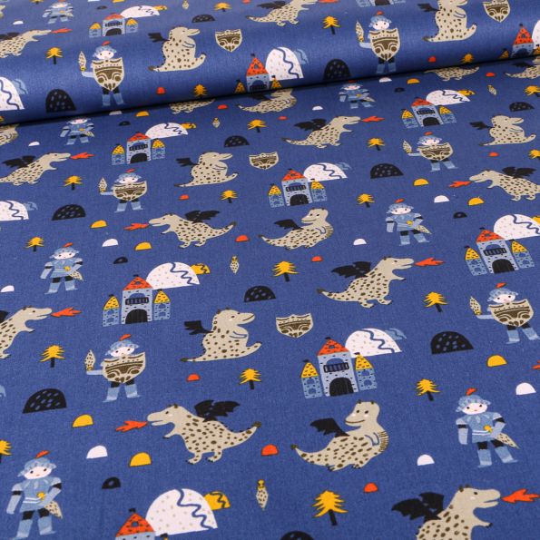 Tissu Coton imprimé Chevaliers et dragons sur fond Bleu - Par 10 cm