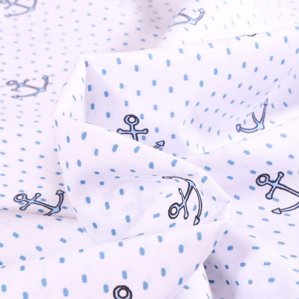 Tissu Coton imprimé Ancres marine sur fond Blanc - Par 10 cm