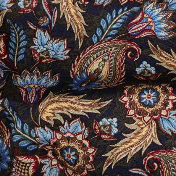 Tissu Coton imprimé extensible Arabesques de fleurs sur fond Bleu marine - Par 10 cm