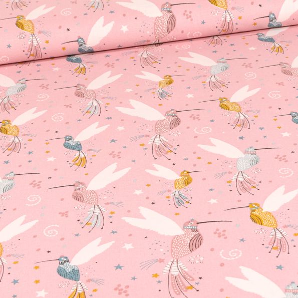 Tissu Coton imprimé Bio Colibris sur fond Rose - Par 10 cm