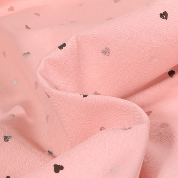 Tissu Coton imprimé Mini cœurs métallisés argent sur fond Rose - Par 10 cm