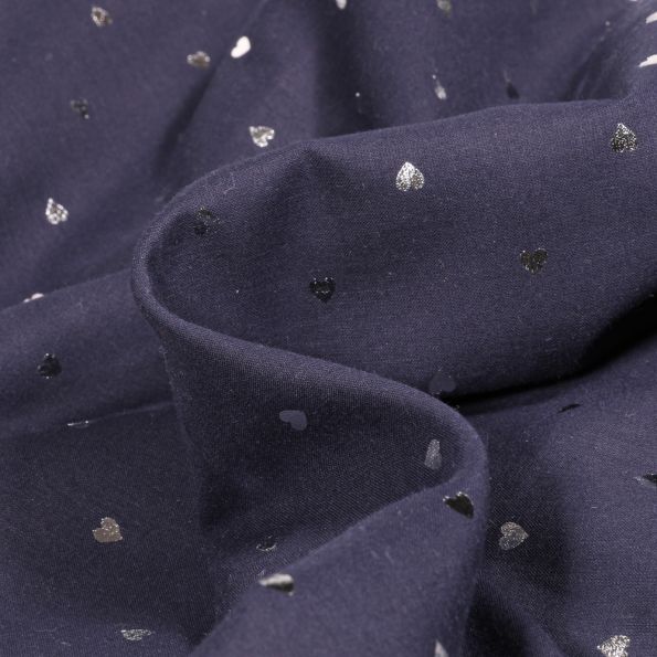 Tissu Coton imprimé Mini cœurs métallisés argent sur fond Bleu marine - Par 10 cm