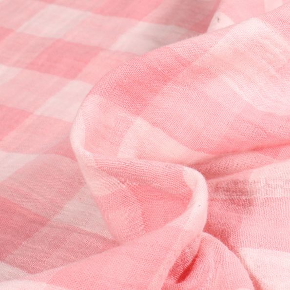 Tissu Double gaze reversible Vichy sur fond Rose bébé - Par 10 cm