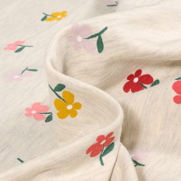 Tissu Jersey Coton Zelia sur fond Beige chiné - Par 10 cm