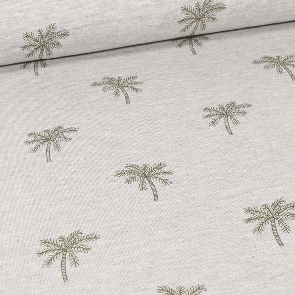 Tissu Jersey Coton Palms sur fond Gris clair chiné - Par 10 cm