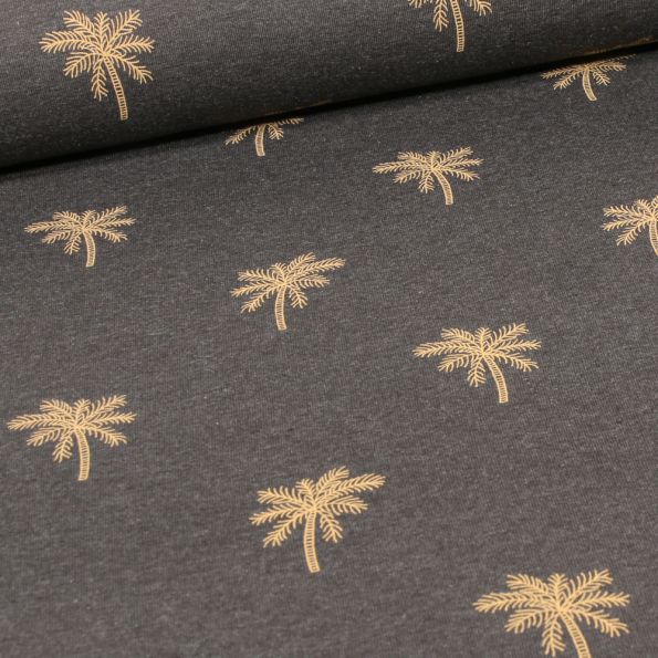 Tissu Jersey Coton Palms sur fond Gris anthracite chiné - Par 10 cm