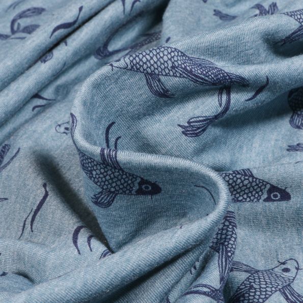 Tissu Jersey Coton Carpe Koi sur fond Bleu - Par 10 cm