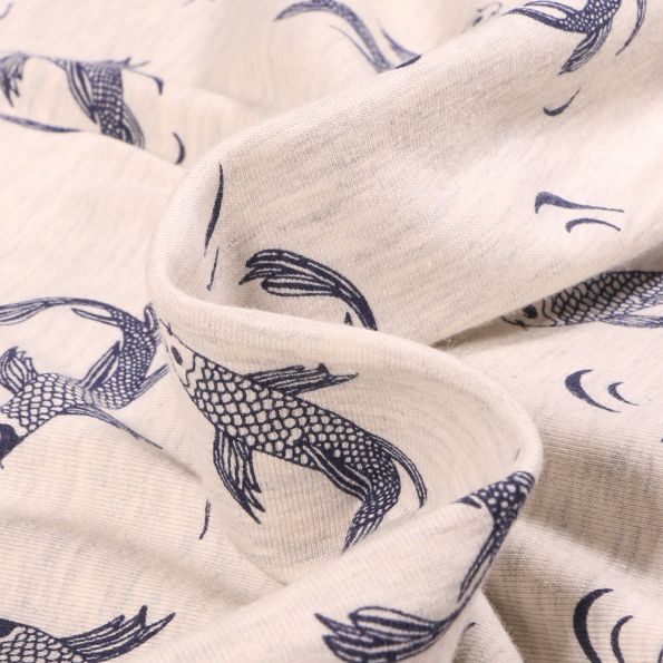 Tissu Jersey Coton Carpe Koi sur fond Ecru - Par 10 cm