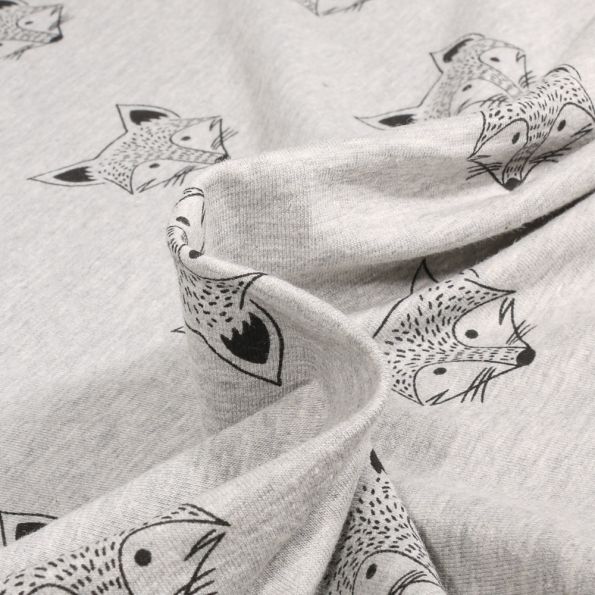 Tissu Sweat léger envers gratté Tête de renard sur fond Gris chiné - Par 10 cm