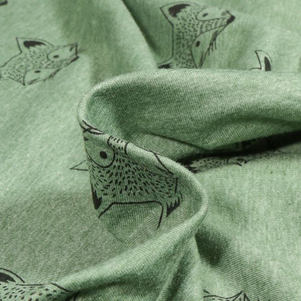 Tissu Sweat léger envers gratté Tête de renard sur fond Vert chiné - Par 10 cm