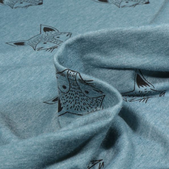 Tissu Sweat léger envers gratté Tête de renard sur fond Bleu chiné - Par 10 cm
