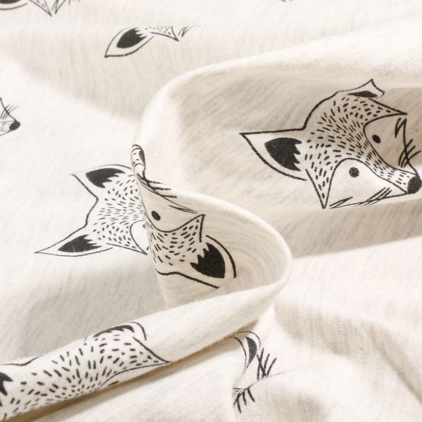 Tissu Sweat léger envers gratté Tête de renard sur fond Blanc chiné - Par 10 cm