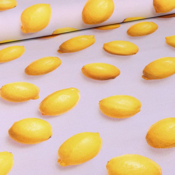 Tissu Toile de Coton Citron réel sur fond Gris - Par 10 cm