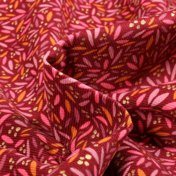 Tissu Velours milleraies Pétales Colorées sur fond Bordeaux - Par 10 cm