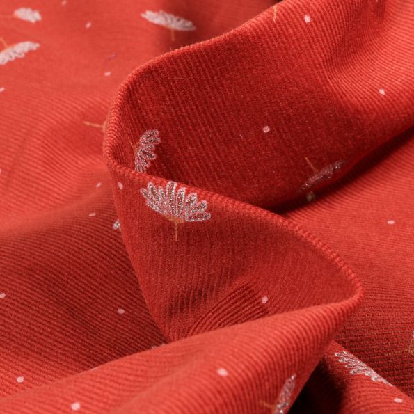 Tissu Velours milleraies Florali sur fond Rouge - Par 10 cm