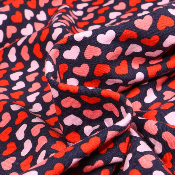 Tissu Jersey Coton Bio Petits Coeurs sur fond Bleu marine - Par 10 cm