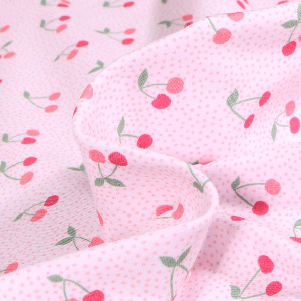 Tissu Jersey Coton Bio Pink cerise sur fond Blanc - Par 10 cm
