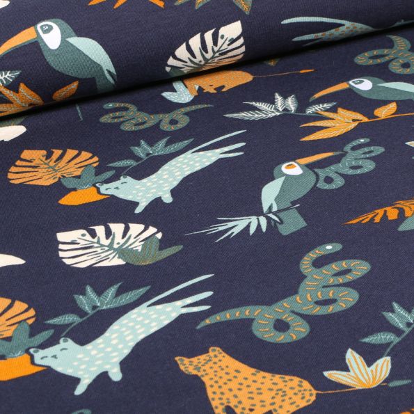 Tissu Jersey Coton Bio Toucan jungle sur fond Bleu marine - Par 10 cm