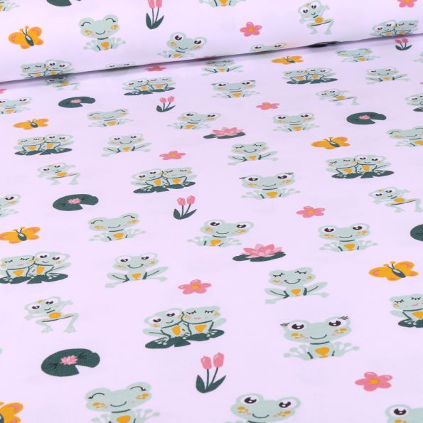 Tissu Jersey Coton Bio Grenouilles et nénuphar sur fond Blanc - Par 10 cm
