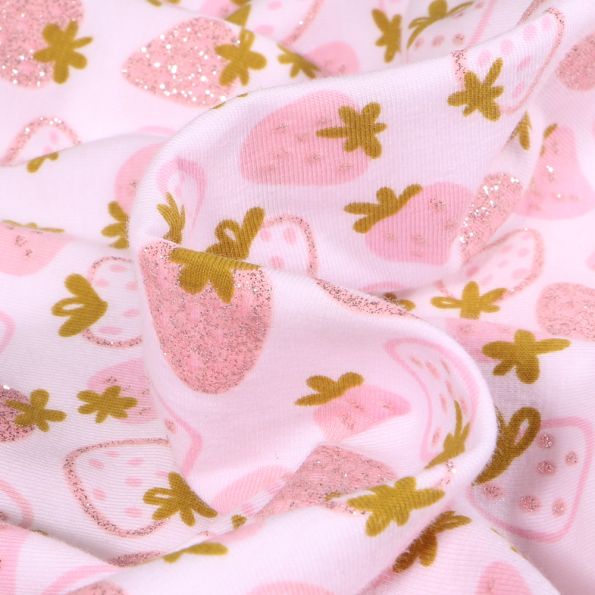 Tissu Jersey Coton Fraises pailletées sur fond Blanc - Par 10 cm