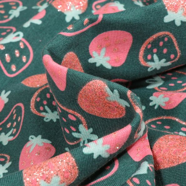 Tissu Jersey Coton Fraises pailletées sur fond Vert foncé - Par 10 cm