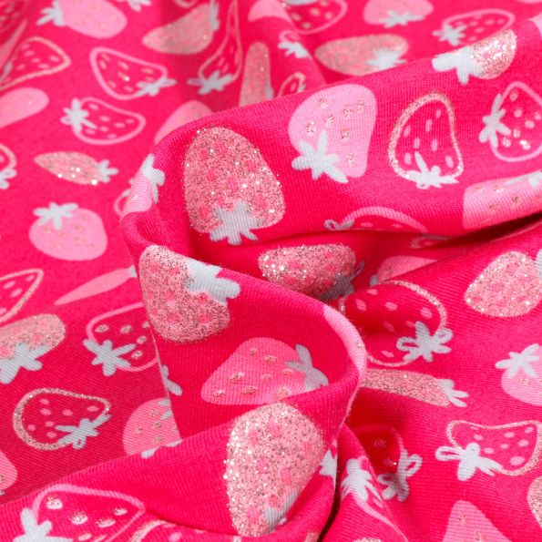 Tissu Jersey Coton Fraises pailletées sur fond Rose fuchsia - Par 10 cm
